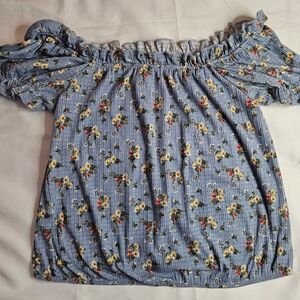 Glance Womens Blue Floral Short Sleeve Top Size Medium